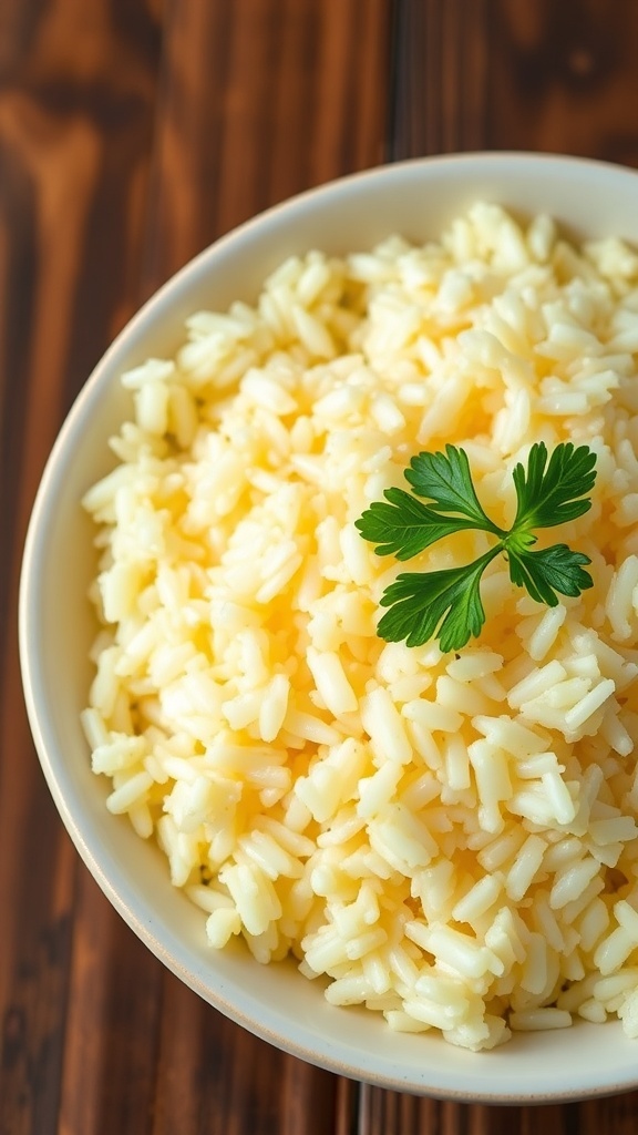 Fluffy butter rice garnished with parsley in a bowl on a rustic table.